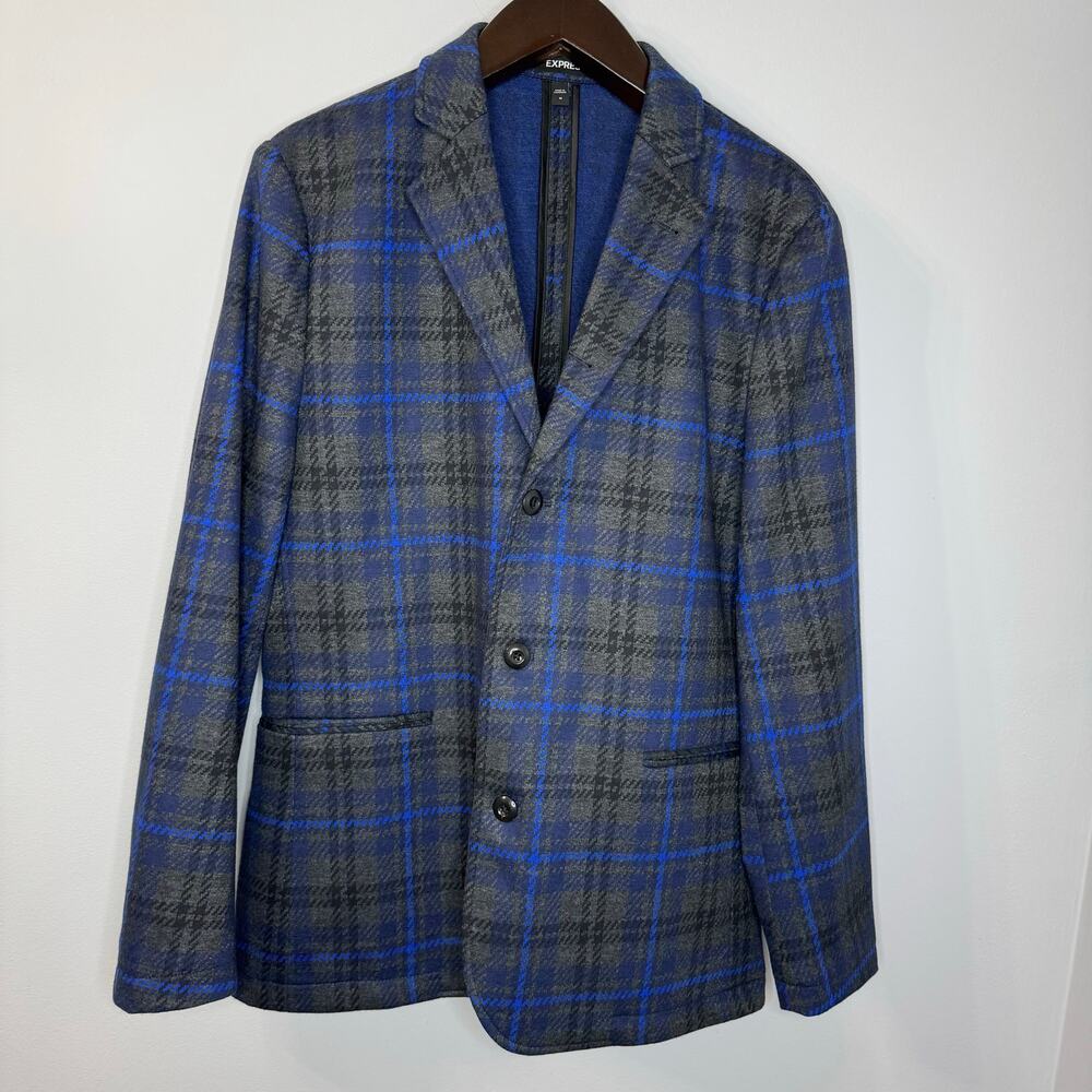 Express Slim Blue Plaid Check Wool-Blend Sport Jacket Blazer Men's L Preppy